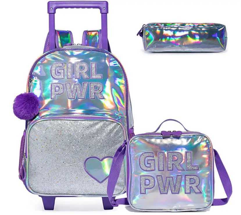 Kids Trolley Backpack and Lunch Bag Set for Girls Sequin Rolling Backpack for Girls Backpack with Wheels Kids Hand Luggage Bag Y240820