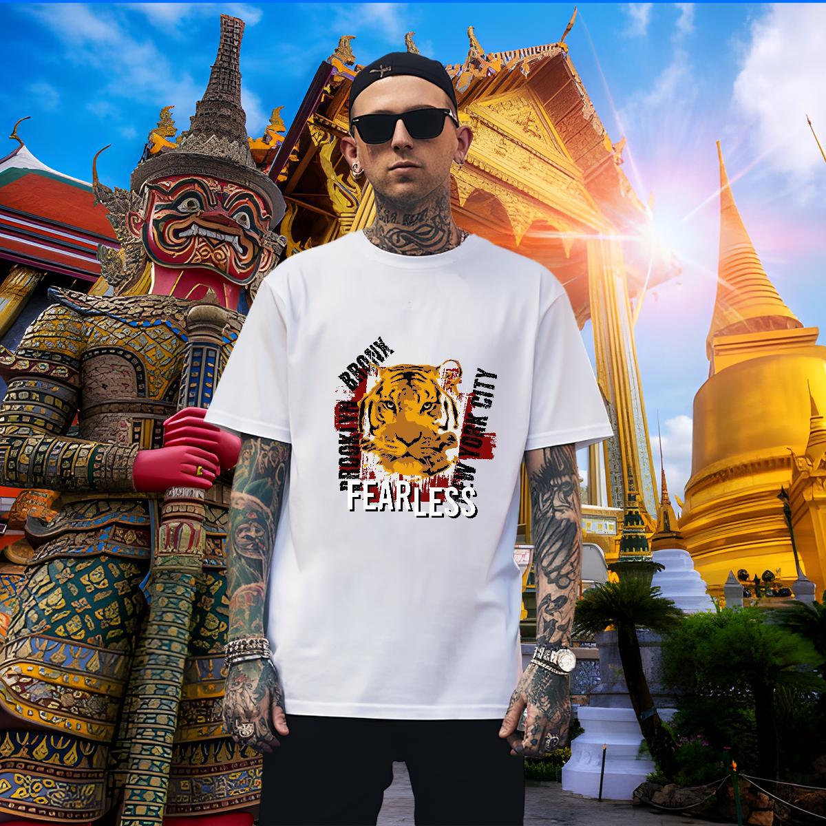 Loose Fit T Shirts Men tiger Short Sleeve O-Neck Spring Summer DIY Anime 230g Cotton Mens Tshirts Free Shipping Wear