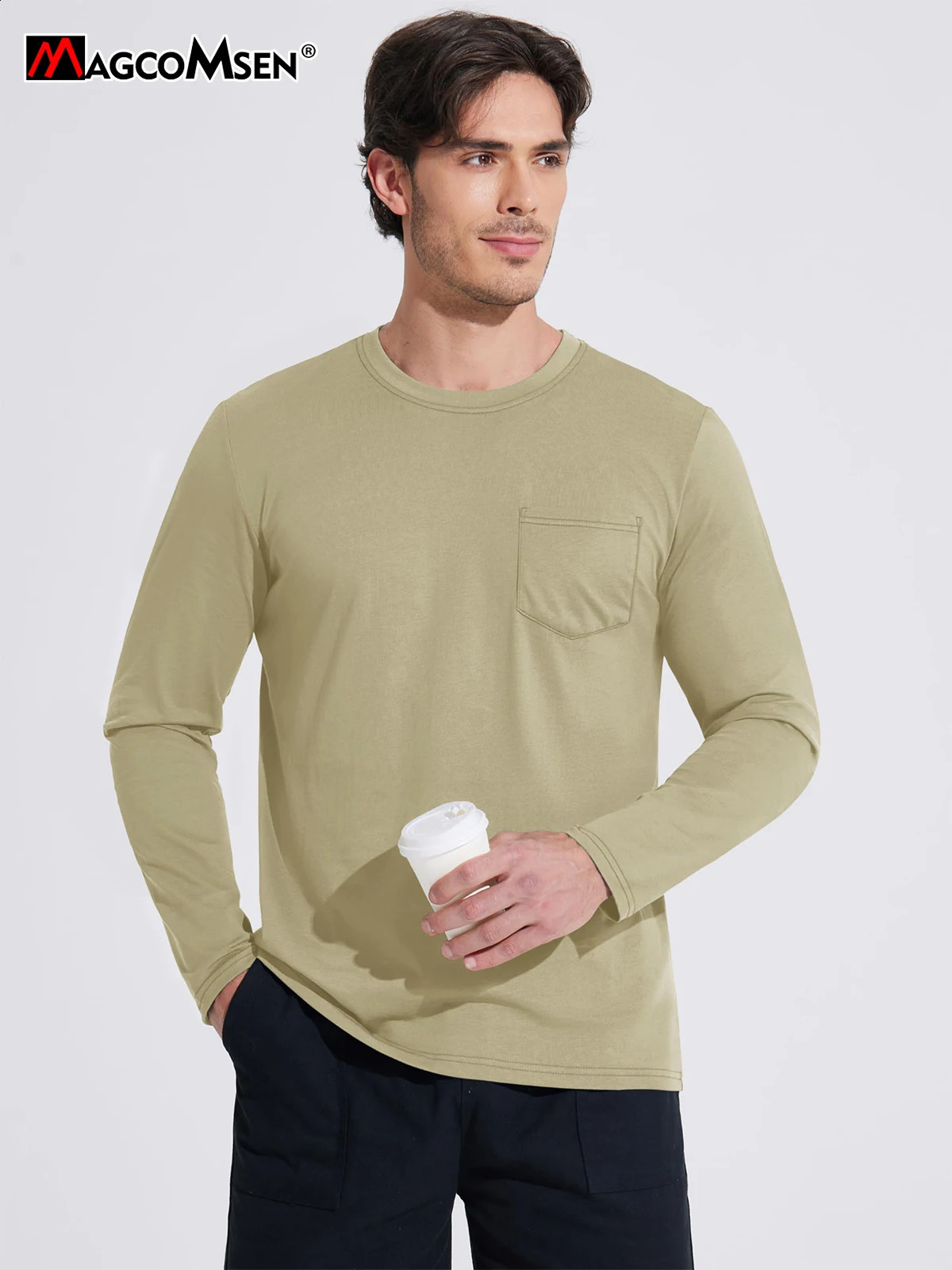 MAGCOMSEN Cotton Long Sleeve T-shirt Mens Crew Neck Shirt with Chest Pocket Lightweight Daily Casual Top Soft Work Shirt 240820