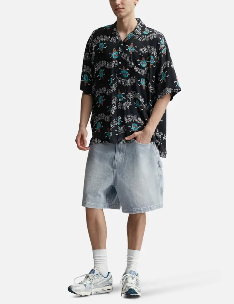 Y2K Fashion Blue Washed Pattern Printed Pocket Denim Shorts Mens Harajuku Retro Casual Gothic High Waist Wide Leg 240819