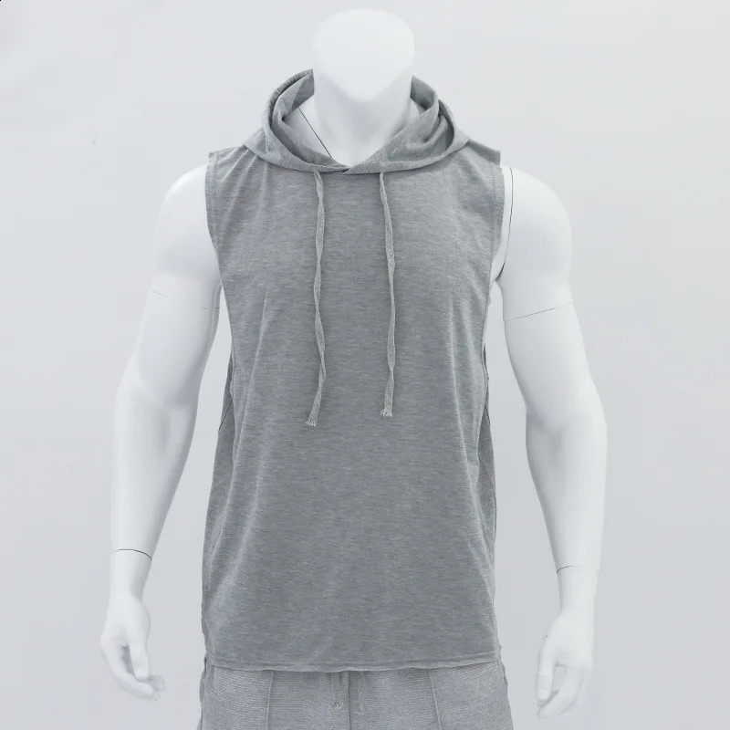 Tank Top Mens Solid Color Hooded Vest Sports Sleeveless shirt Quick dry Undershirt Gyms Running Fitness Training Clothing 240819