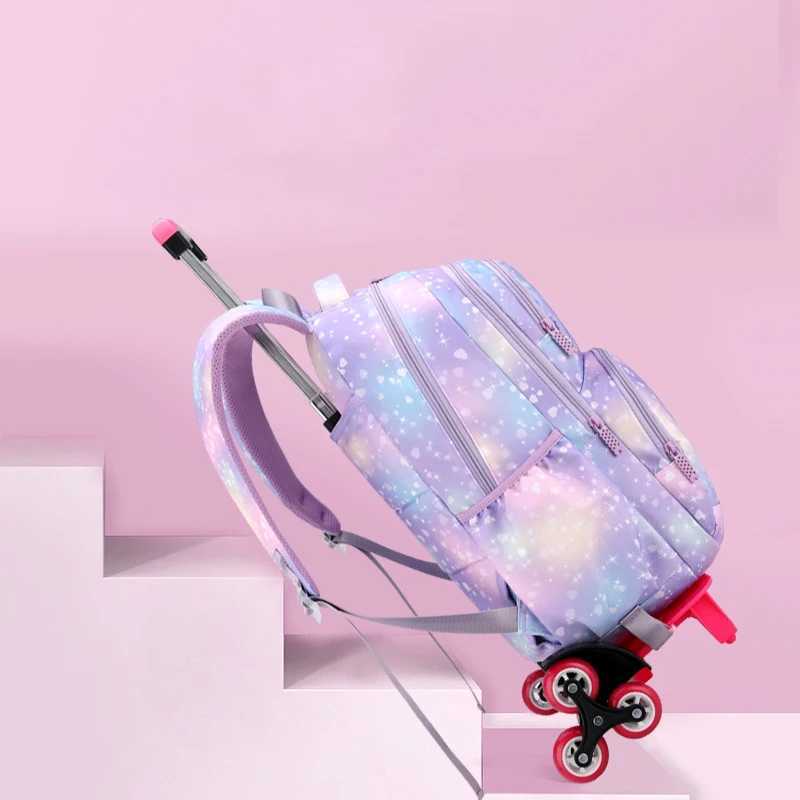 Childrens trolley bags with wheels student backpack girls trolley bags cute school bags large-capacity roller backpack star Y240820
