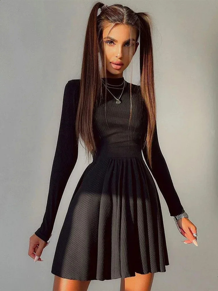 Sexy Long Sleeve Mini Dress Autumn Winter Women O Neck Slim Pleated Short Bodycon Dresses Evening Prom Backless Party Clubwear 240819