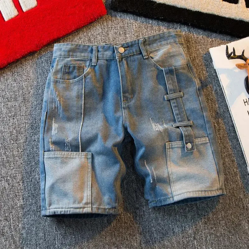 Mens short jeans pants cargo bag splicing work wide mens denim shorts loose trend Xl Korean fashion streetwear summer cutting 240819