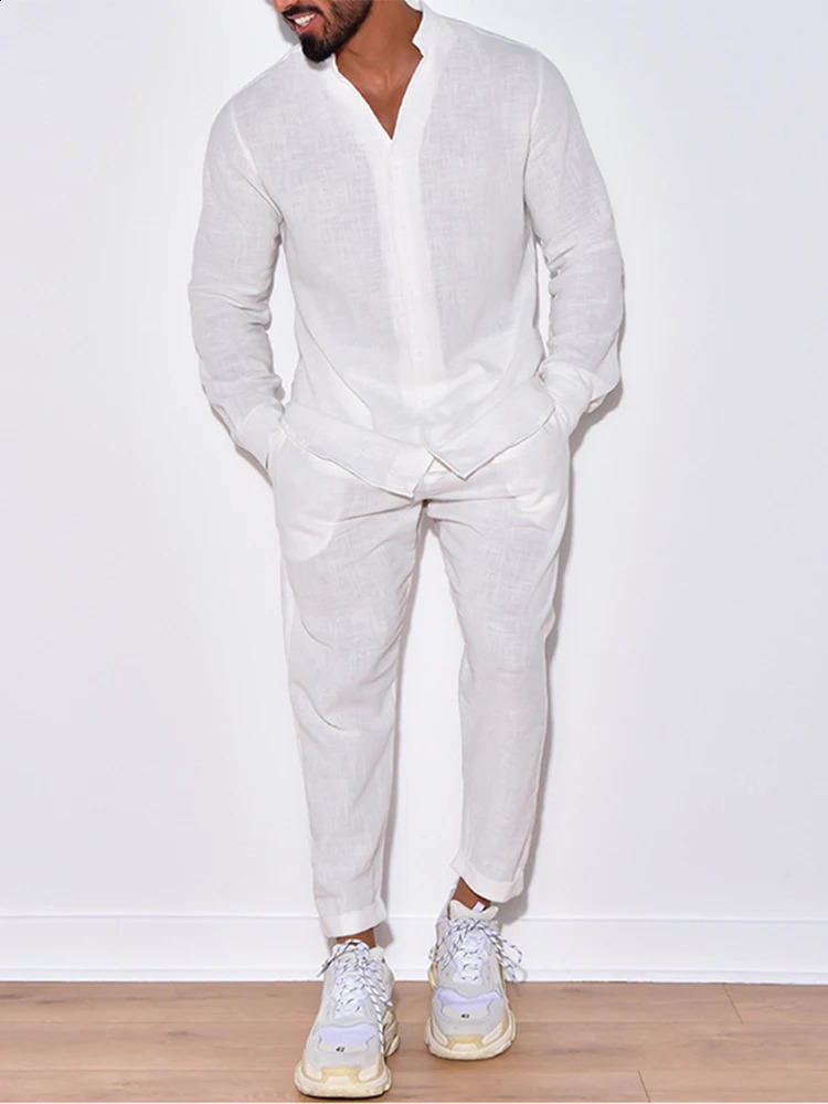 2024 autumn casual mens two-piece long sleeved button up shirt top and pants set mens casual breathable cotton linen dress 240819