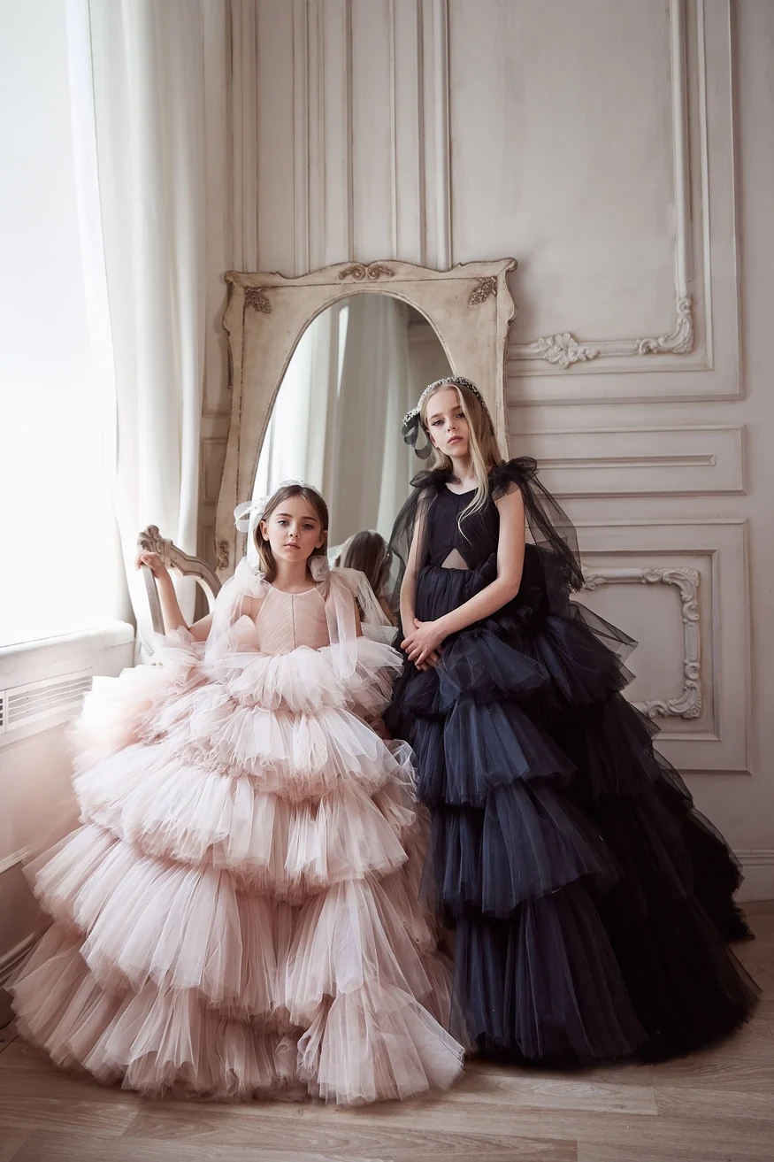 Pink Mini Quinceanera Dresses Ball Gown Sheer Tulle Tiered Puffy Long Flower Girl Dresses For Weddings Mexican Charro Pageant Dresses Baby