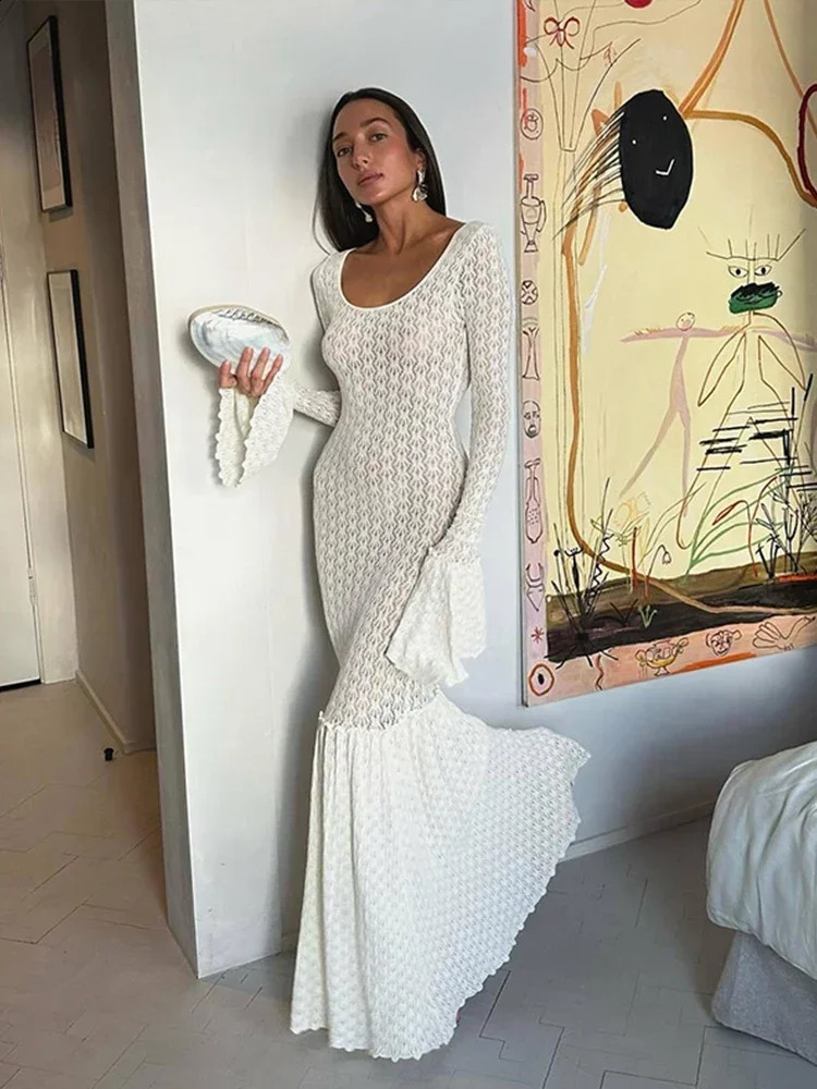 Fashion Sexy Knit Women Hollow Out O Neck Full Flare Sleeve Cover Ups Dresses Backless Vintage Autumn Winter Long Dress 240819