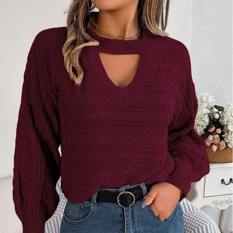 Autumn and winter womens floral round neck long sleeved solid hollow fried dough twisted loose fashionable casual sweater top 240819