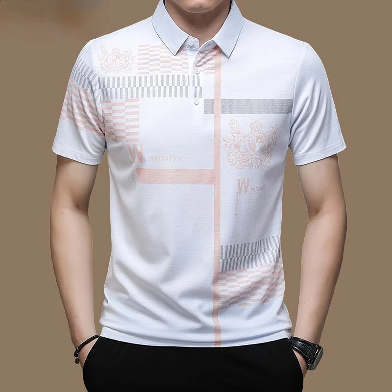 Mens Polo Shirt Business Casual Summer Short Sleeves Tops Pattern Print Button T Shirt Loose Clothes Fashion Polo T Shirt 240824