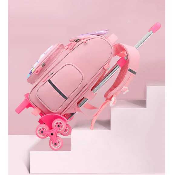 Trolley School Bag Boy Girl Kids Trolley Roller Bag Dinosaur Rabbit Preschool Wheeled Bags 6 Wheel Lightweight Backpack Y240820