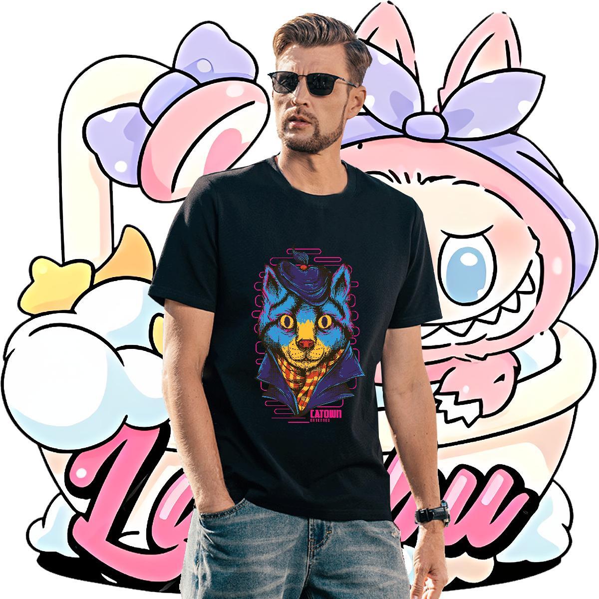 Loose Men Tees Casual Daily Wear 230g Cotton Skull Round Neck Short Sleeve Blue cat T shirt Designer Fashion Tops Shirt