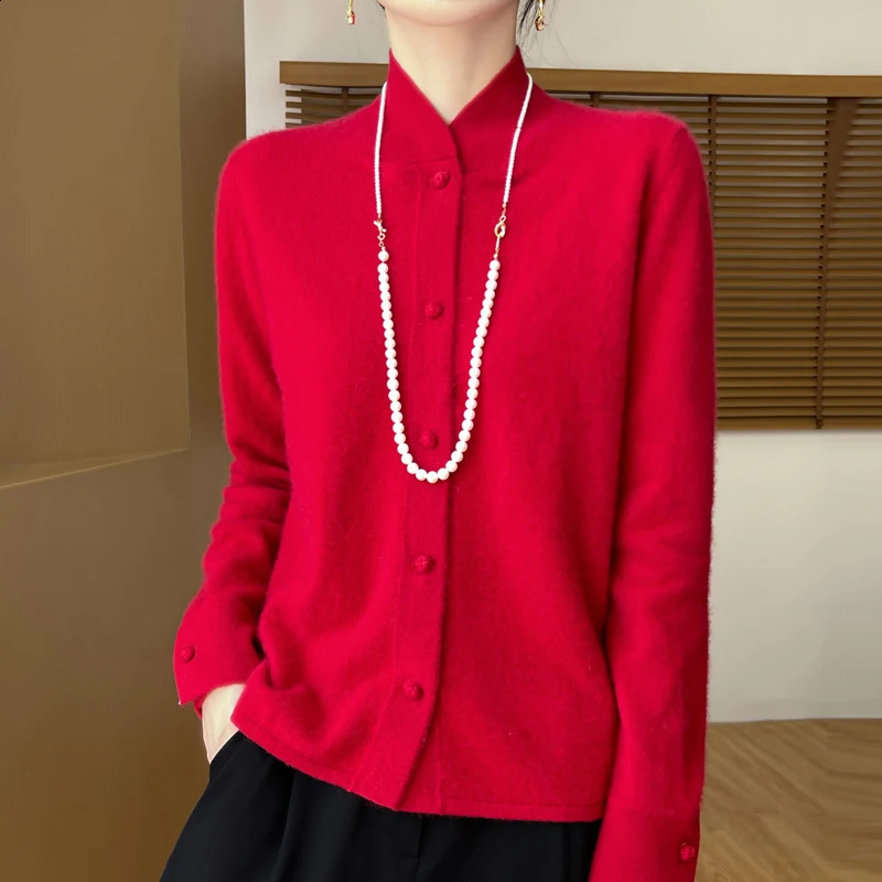 China collar 100% Merino wool cardigan sweater autumn and winter retro solid color jacket loose knit top 240819