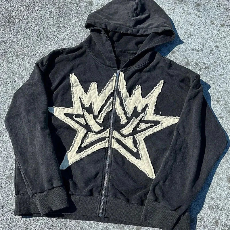 Mens Gothic Street Hoodie Embroidered Star Zipper Hoodie Retro Hip Hop European and American Autumn Winter Y2K 2024 240819