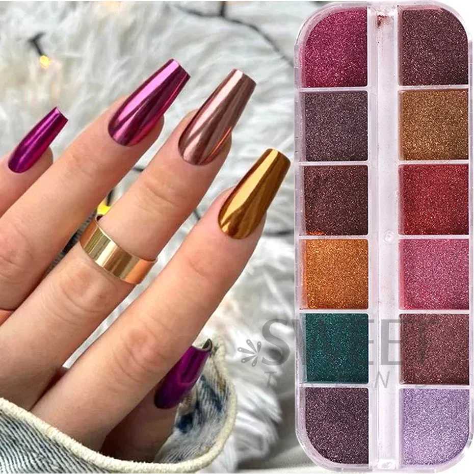 12 Grids Colorful Metallic Nail Mirror Powder Glitter Winter Brown UV Gel Polish Chrome Dust Metallic Effect Pigment DecorationsXJ240815