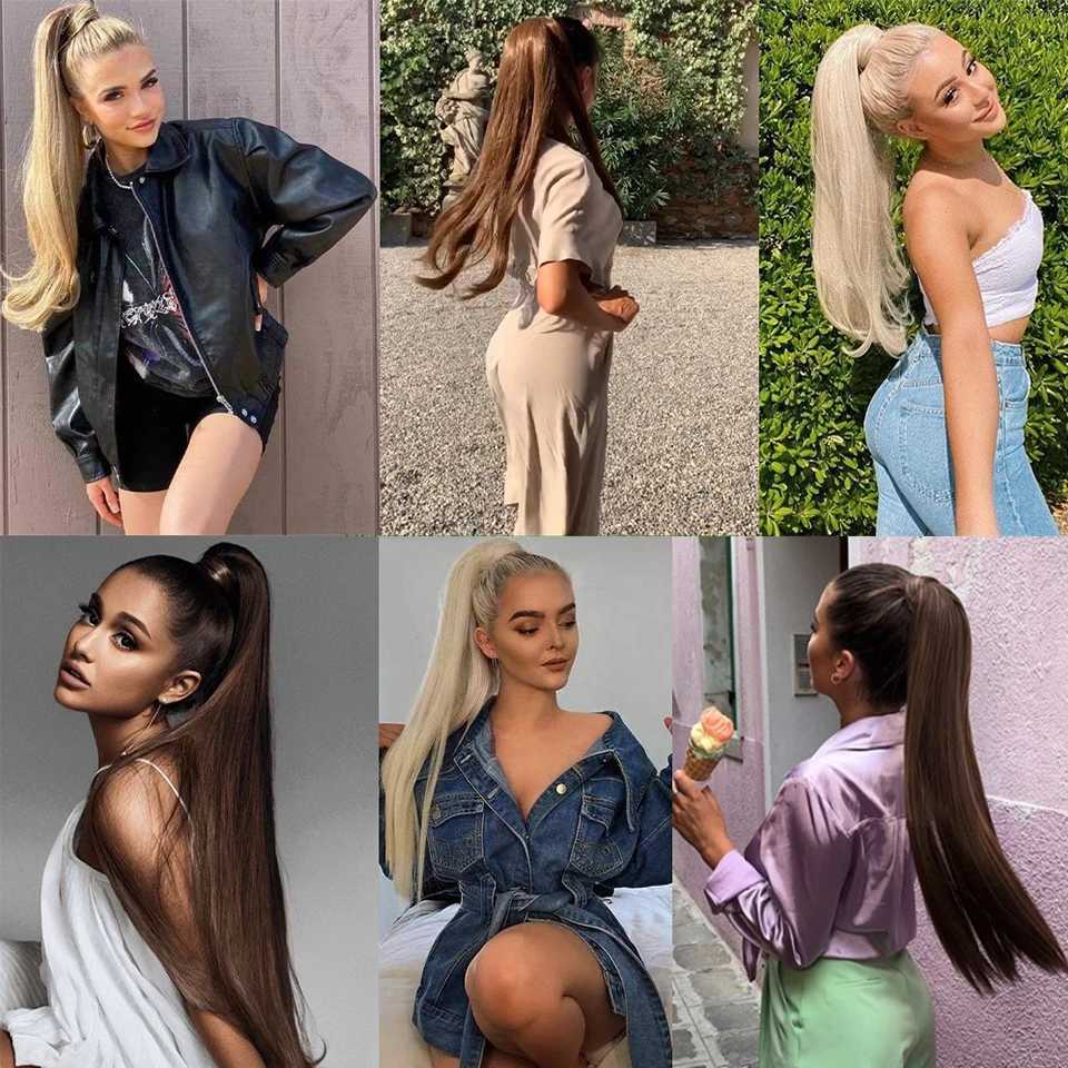 Chocolate brown ponytail human hair long clip brushed ponytail straight Brazilian Remy female hair W240817