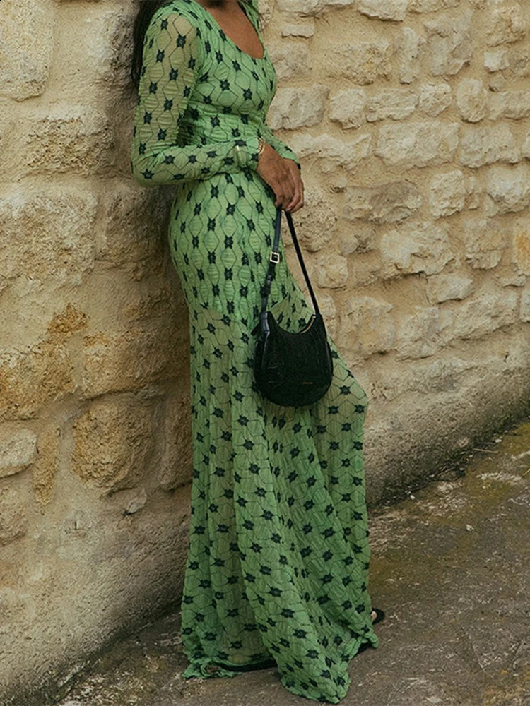 Printed Green Long Dress Women Square Collar Long Sleeve Slim High Waist Hip Package Dresses Female Elegant Evening Holiday Robe 240819