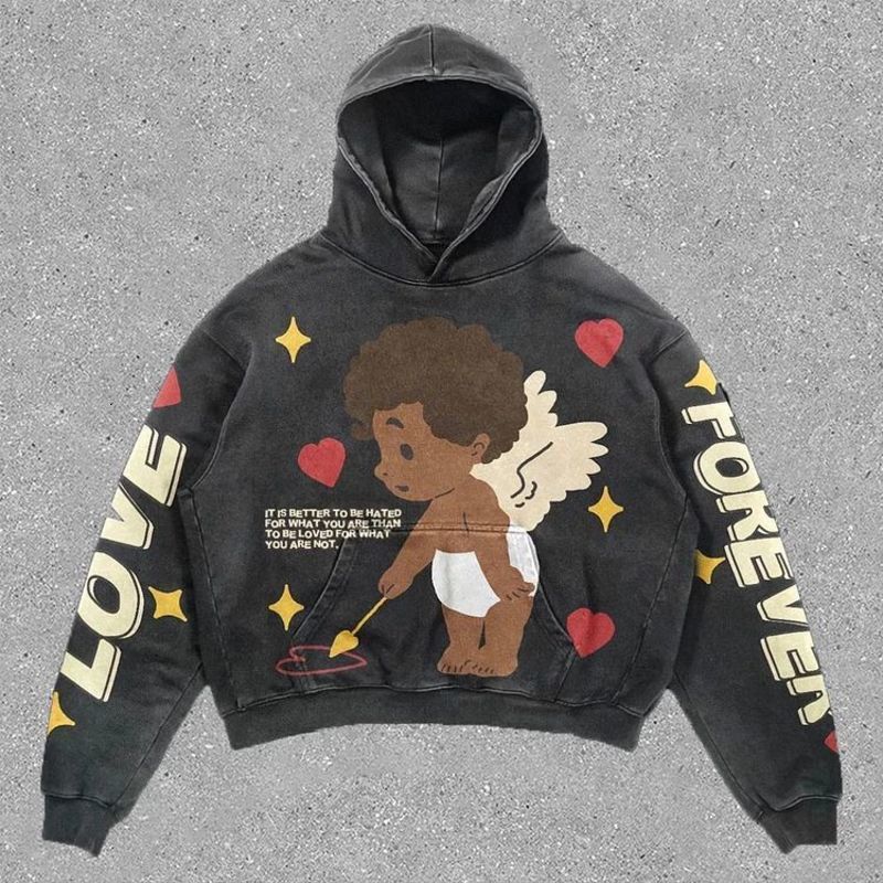Harajuku Stylish Retro Angel Hoodie Oversized Streetwear Tops Sweatshirt Y2k Clothes Gothic Grunge Hoodies Women Men Clothing 240819