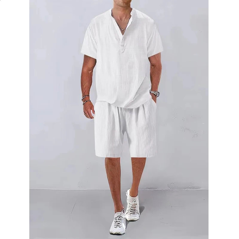Fashion Men Sets Mens Solid Color Summer Stand Collar Linen Outfits Short Sleeve Polo ShirtShorts Two Pieces Casual Suit 240819