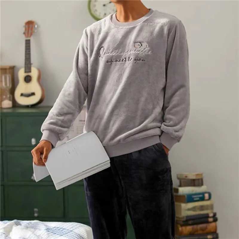 Winter mens wool casual long sleeved pajamas set coral velvet cute cartoon pajamas for couples plush thick warm pajamasW240719