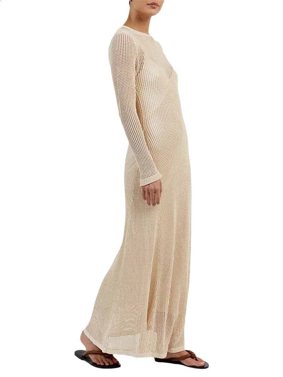 Women Sexy Beach See Through Maxi Dress Long Sleeve Hollow Crochet Knit Summer Coverups Bodycon Party Long Dress 240819