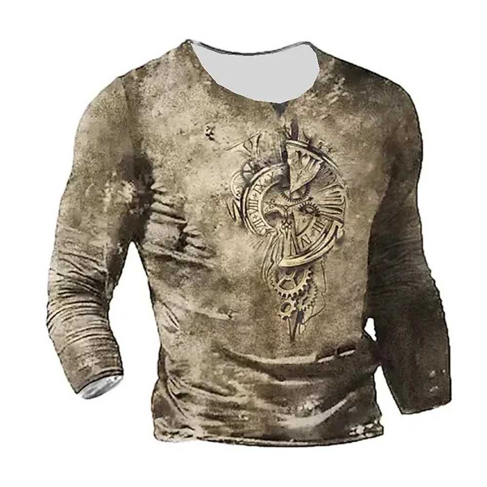Vintage Print Long Sleeve T-shirt 3d T Shirt Compass Long Sleeve Casual O-Neck Shirt Oversized Tops Tee Shirt Man ClothesXJ240819