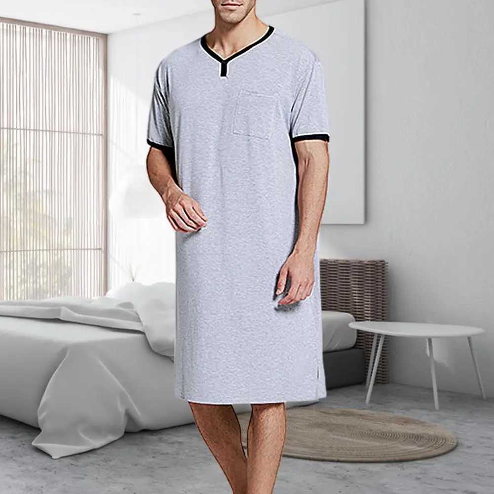 Mens sleepwear short sleeved O-neck pocket sleepwear loose knee length sleepwear mens sleepwear plus size 3XL warm mens clothingW240719