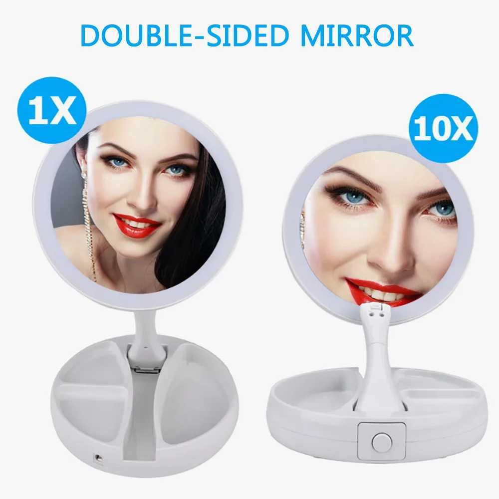 Foldable Led Makeup Mirror With Light 10X Magnifying Dual Purpose Double-Sided Mirror USB Charging Or Battery Table Mirrors Y240819