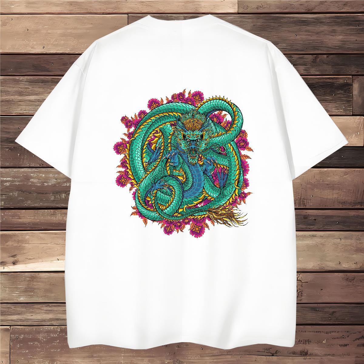 T Shirts Men 230g Cotton dragon Casual Short Sleeve O-Neck White Plus Size Men Tops Tees Customized Soft Top Tees
