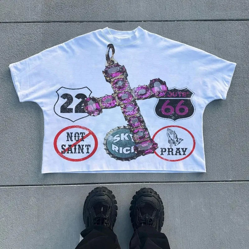 Y2k Top Gothic Trendy Big Mouth Pattern Printed Oversized Tshirt for Mens Summer Loose Harajuku Round Neck Versatile 240819