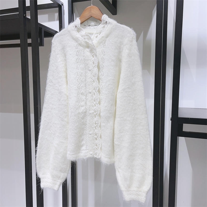 Early spring womens knitted sweater single chest petal decoration hollow cardigan wool soft top 240819