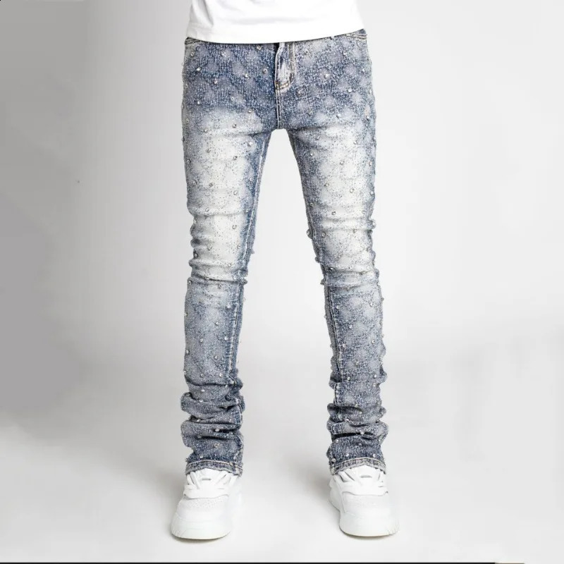 Stretchy Pearls Skinny Jeans Fashion Personality Straight Rhinestone European Street Personality Stacked Denim Pants 240819