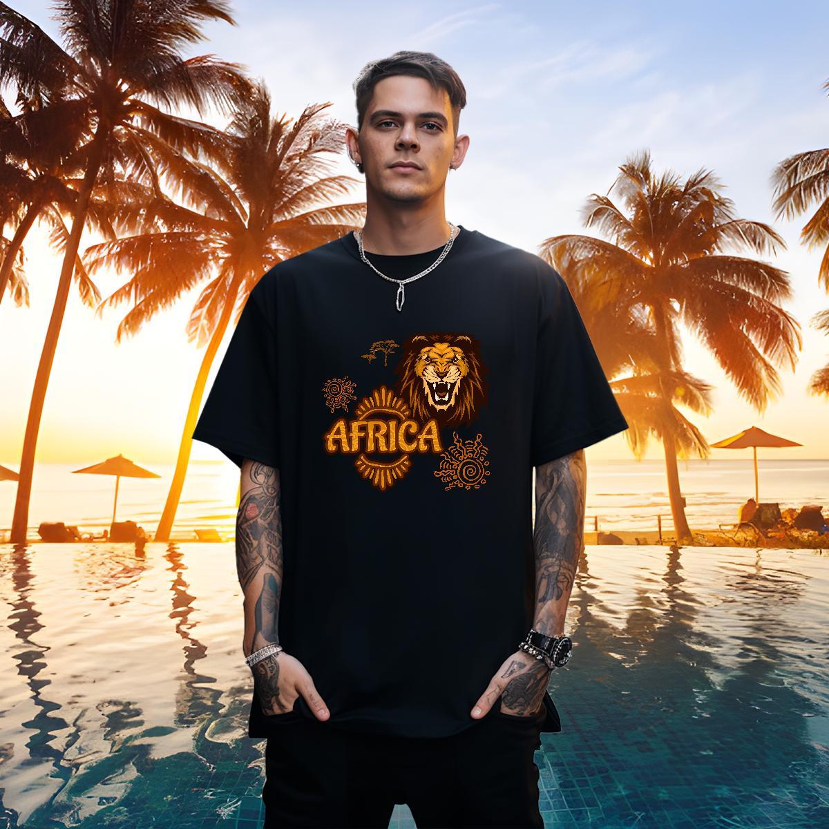 Loose Fit T-Shirts Africa lion Crew Neck Breathable High Street Hip Hop Graphic 100% Cotton 230g Men Clothes T-Shirt Customized Tee Shirt