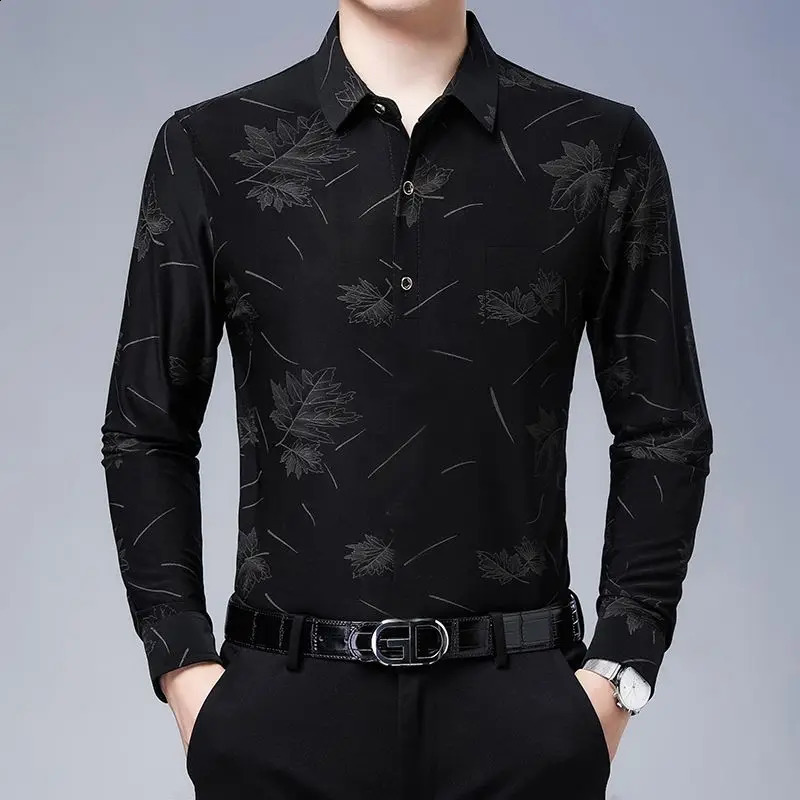 Autumn Mens Long Sleeve Turn-down Collar Button Fashion Business Loose Large Solid Color Printed Pullover Polo Shirts Tops 240820