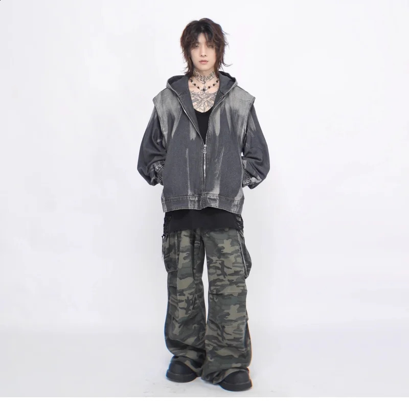 Y2K High Street Hooded Denim Jacket Mens Spring Tie Dye Gradient Retro Cowboy Hoodie Zipper Loose Unisex Bomber Coats 240819