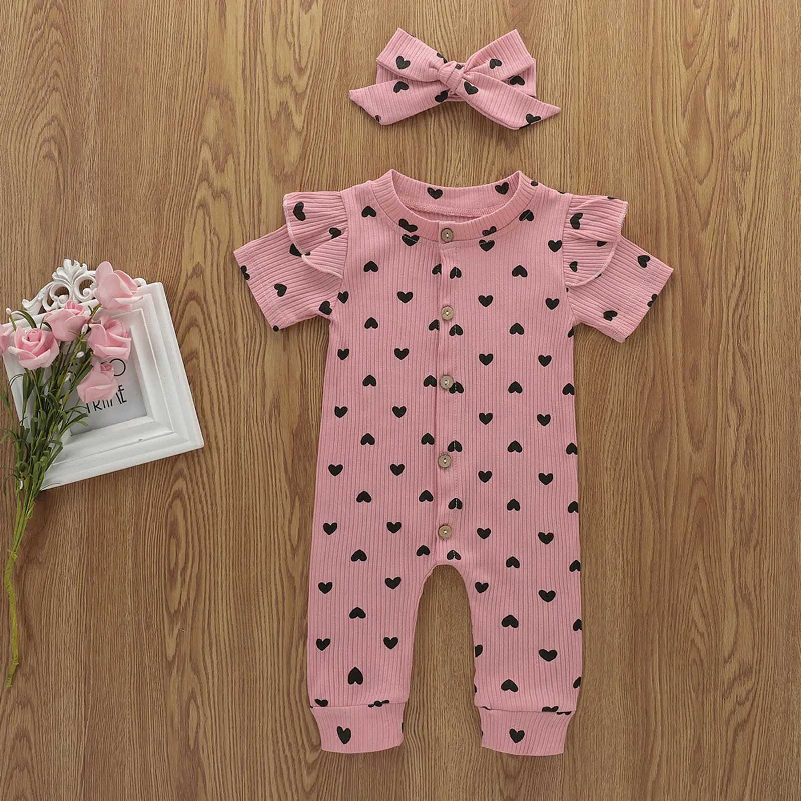Day Romper Print Girls Valentines Hearts Infant Baby Ruffles Jumpsuit+Headbands Girls Romper Jumpsuit One Birthday Outfit Girls W240806