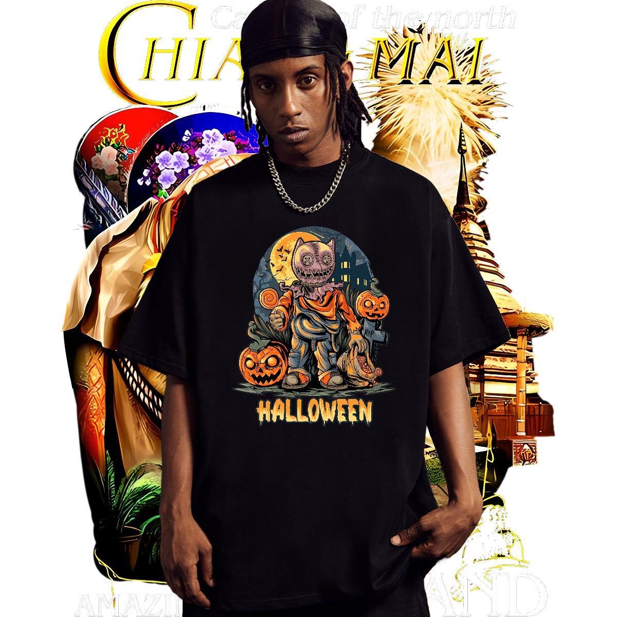 High Quality T Shirt For Man halloween Breathable Crew Neck Street Black White 230g Cotton Men Tops Tees New Clothings