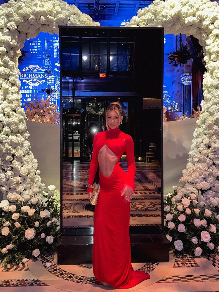 Cnyishe Hollow Out Sexy Backless Club Women Dresses Fashion Turtleneck Streetwear Long Sleeve Sheath Bodycon Female Vestidos 240819