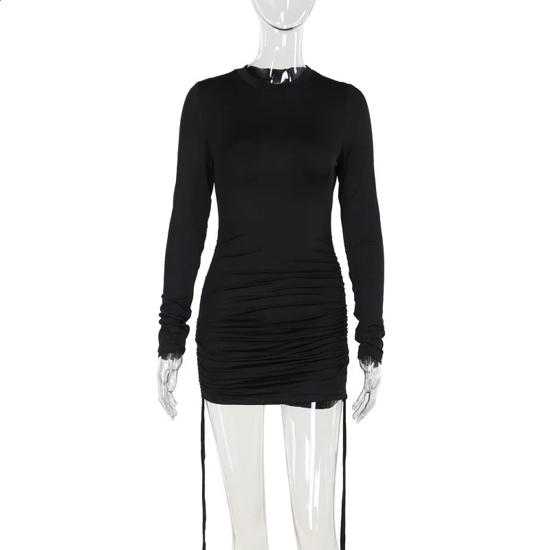 Elegant Back Ruched Mini Dress Club Outfits for Women Sexy Bodycon Long Sleeve Dresses Solid Casual Vestido 240819