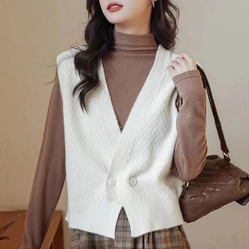 Retro minimalist style solid loose sleeveless fully matched knitted sweater vest womens spring and autumn fashion casual chic street top 240819