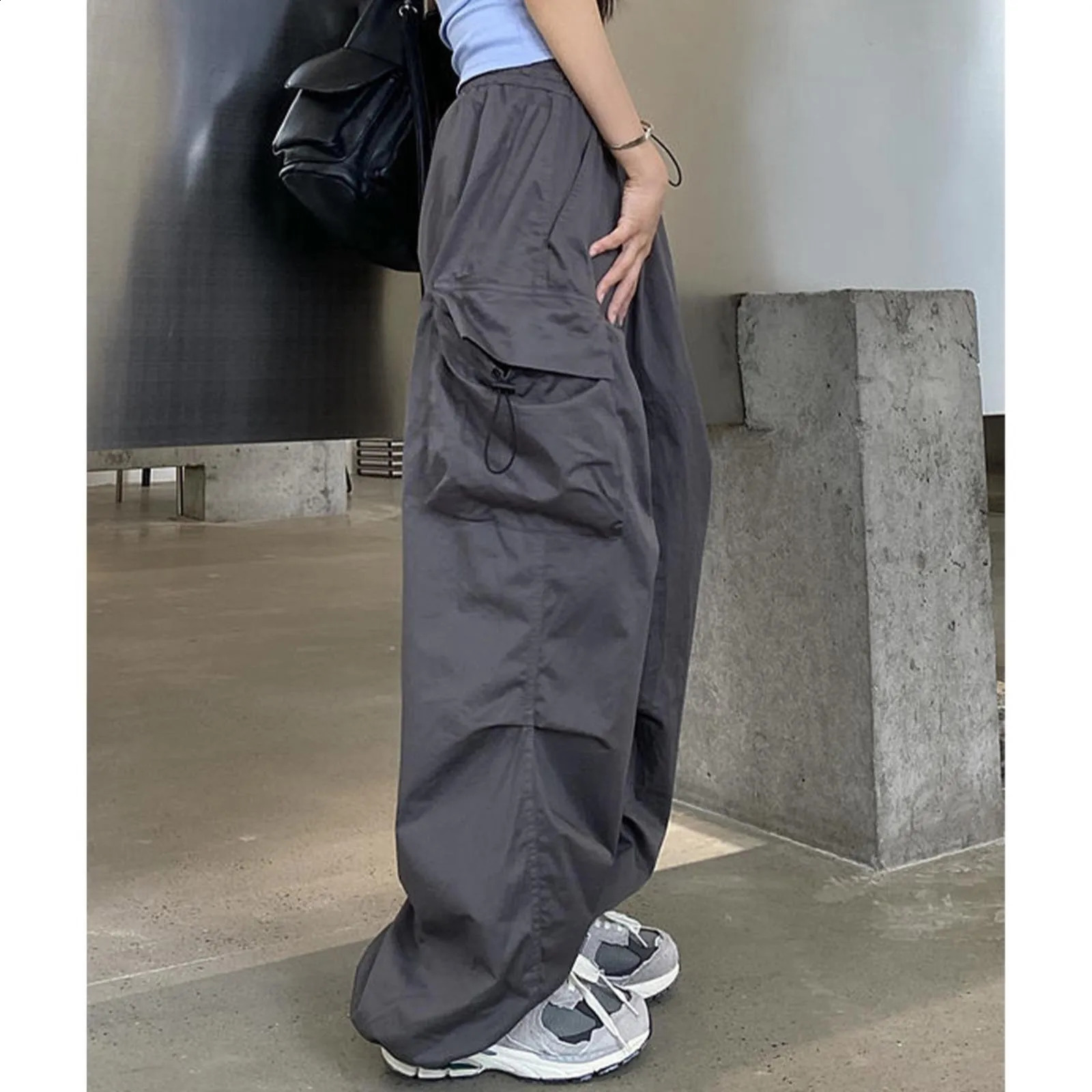 Y2K Women Casual Joggers Tech Solid Low Waist Pants Drawstring Wide Leg Baggy Trousers Y2k Streetwear Oversize Sweatpants Z260314