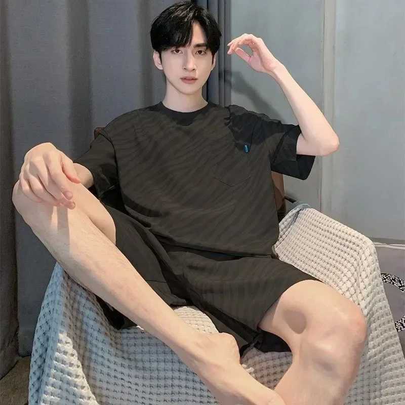 Sleepwear color mens cool suit collar summer fashion soft shorts casual loose 2-piece sleepwear simple sleeves solid sleepwearW240719