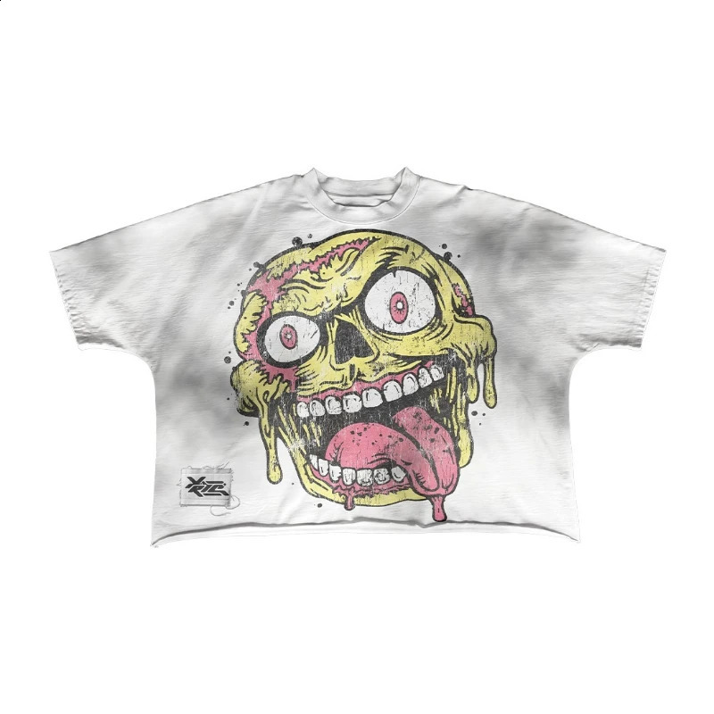 Gothic speckled cartoon print Oneck oversized Tshirt suitable for mens summer comfort Y2K hiphop street couple retro top 240819