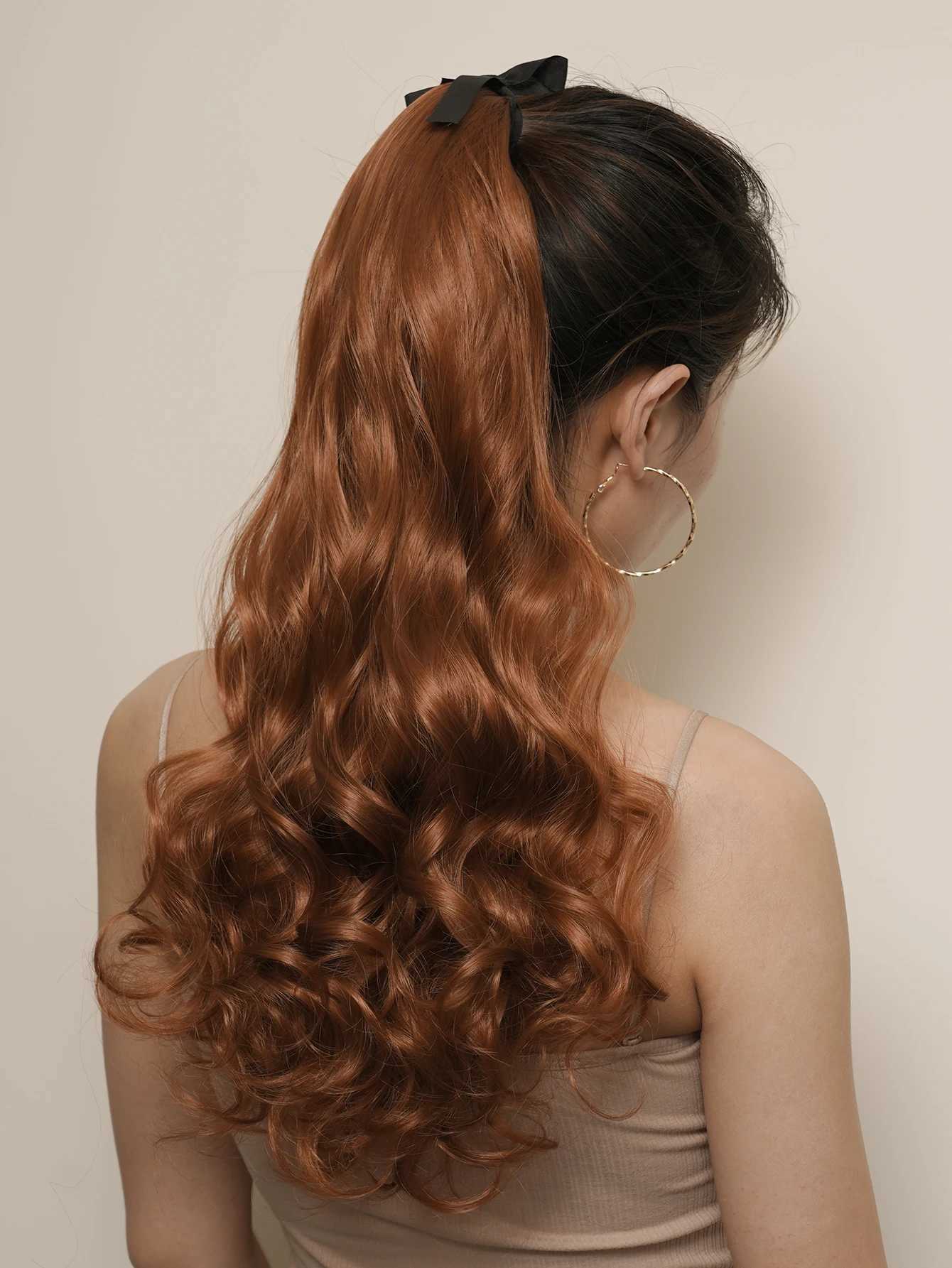 Ponytail hair extension accessory orange 24 inch long natural wave heat-resistant fiber synthetic ponytail wig womens leather W240817