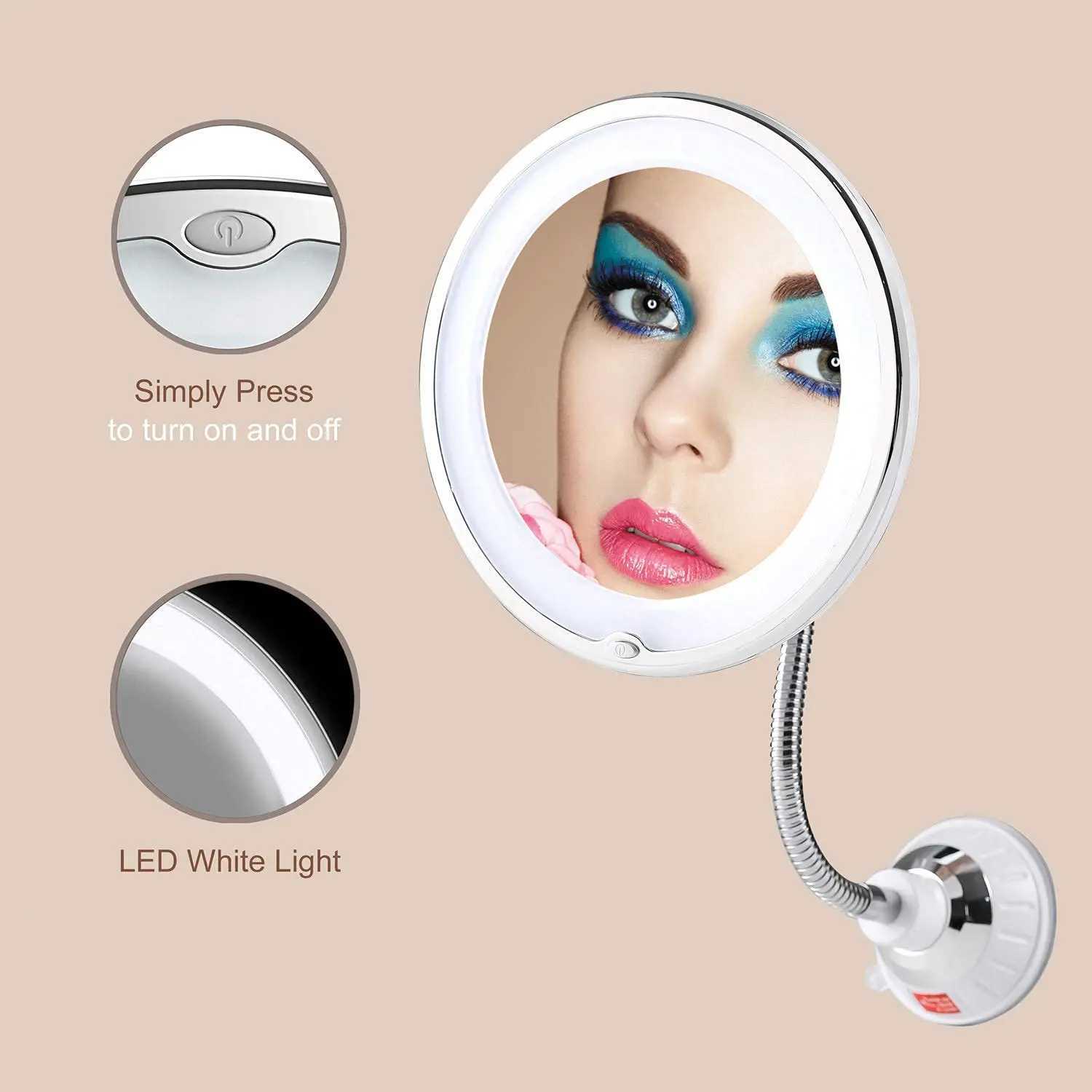 Flexible Gooseneck 6.8 10x Magnifying LED Lighted Makeup Mirror Bathroom Magnification Vanity Mirror with Suction Cup 360 Deg Y240819
