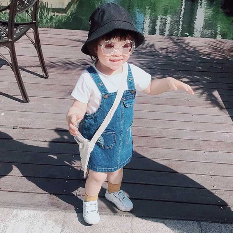 Girls fashionable straight denim dress with pockets summer baby and childrens jumpsuit for girls W240806