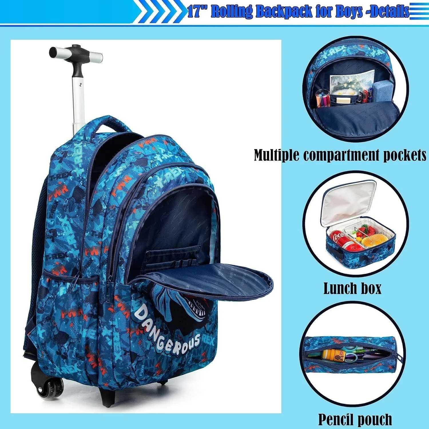 18 Inch School Bags Wheeled Backpack for Boys Girls Travel Rolling Backpack School Trolley Bag Set with Thermal Lunch Box Y240820