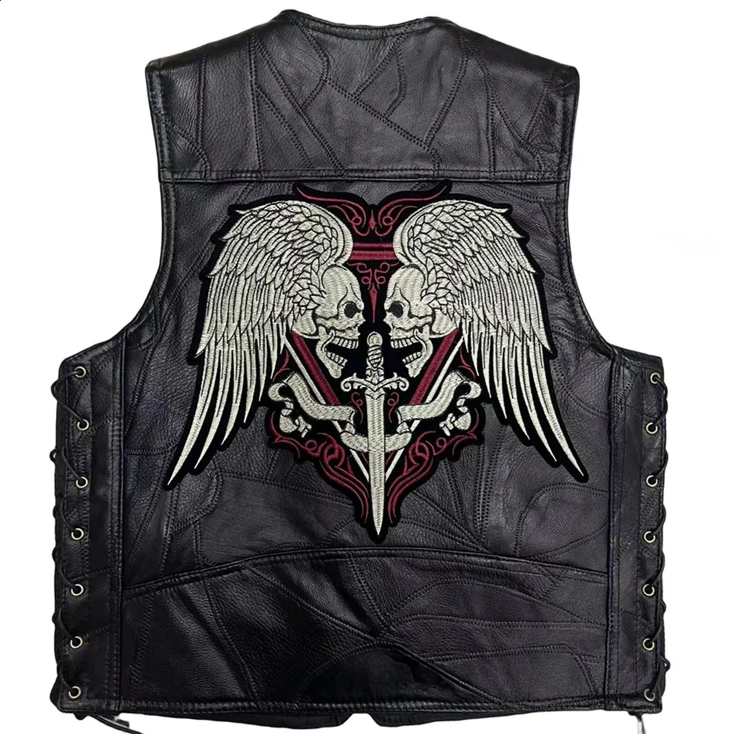 Motorcycle Riding Leather Vest Embroidery Moto Sleeveless Jacket Waistcoat Street Fashion Biker Vests Punk Veste for Man