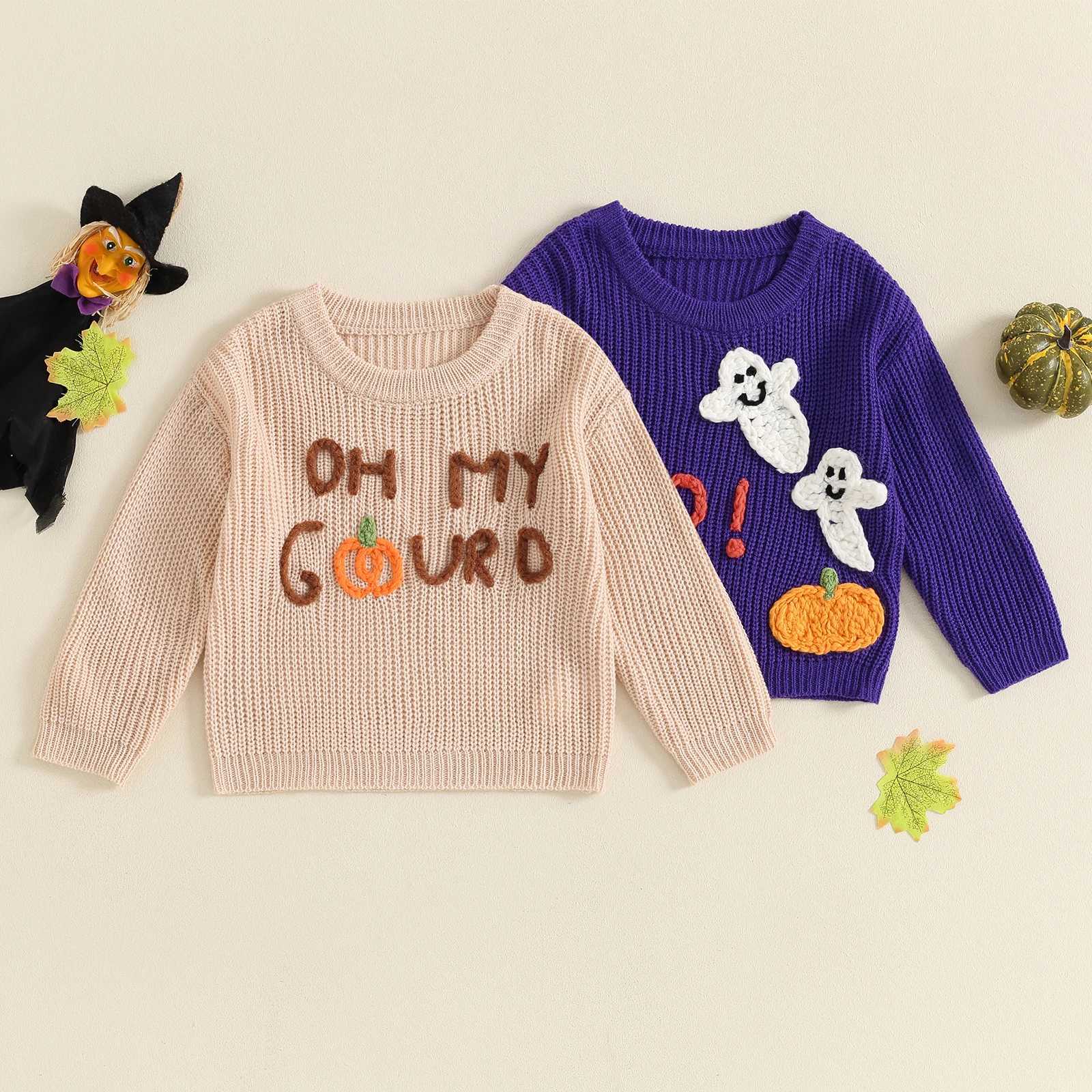 FOCUSNORM 0-3Y Baby Boys and Girls Halloween Sweater Letter Pumpkin Embroidery Staff Neck Long Sleeve Floral Top W240820