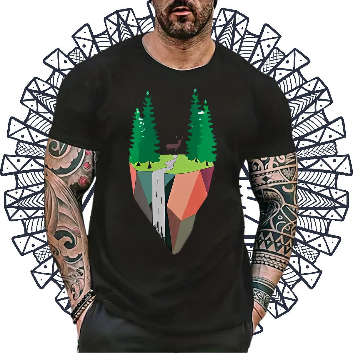 Popular Men Clothes T-Shirt Street wear Hip Hop 100% Cotton 230g Floral Print O Neck Short Sleeves mountains T-Shirts 2024 Summer Polos