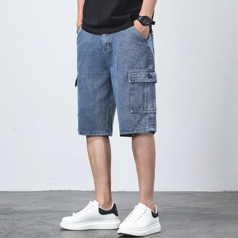Mens denim shorts large pockets casual fashion wide Bermuda jeans mens beach pants 240819